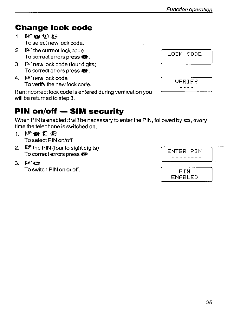 Change» lock code, Pin on/off — sim security | Panasonic G350 User Manual | Page 29 / 68