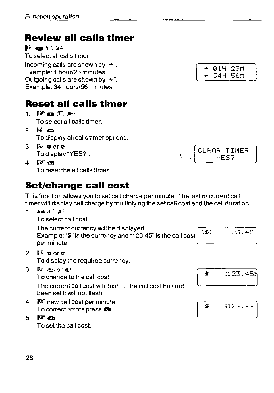 Review all calls timer, Reset all calls timer, Set/change call cost | Panasonic G350 User Manual | Page 32 / 68