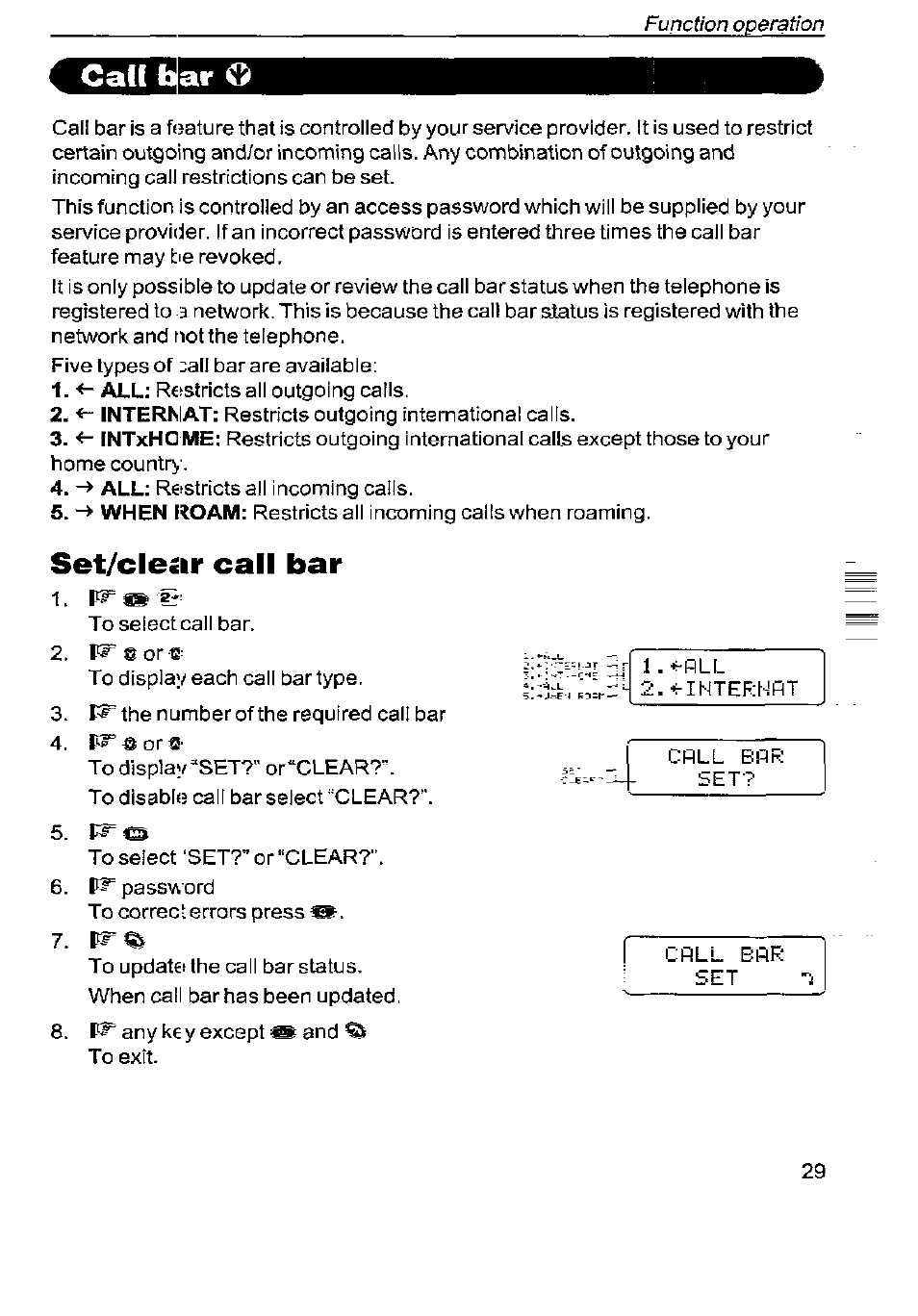 Set/clear call bar, Ar o | Panasonic G350 User Manual | Page 33 / 68