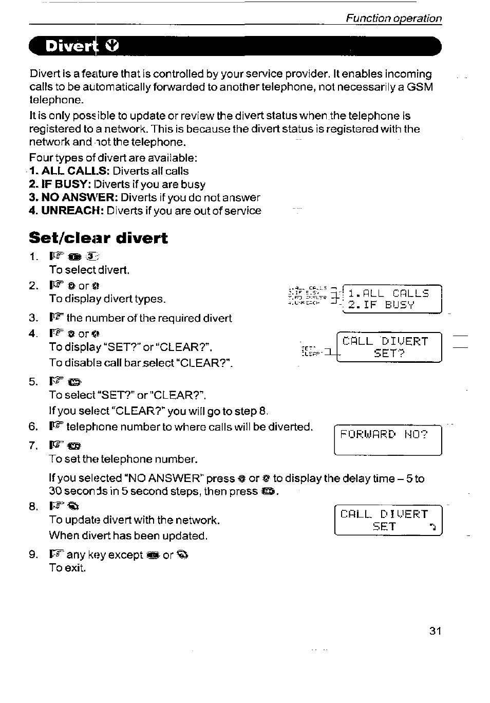 Set/clear divert | Panasonic G350 User Manual | Page 35 / 68