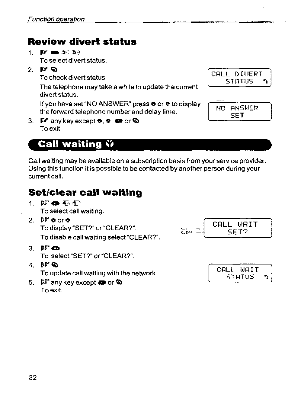 Review divert status, Call waiting, Set/clear call waiting | Panasonic G350 User Manual | Page 36 / 68