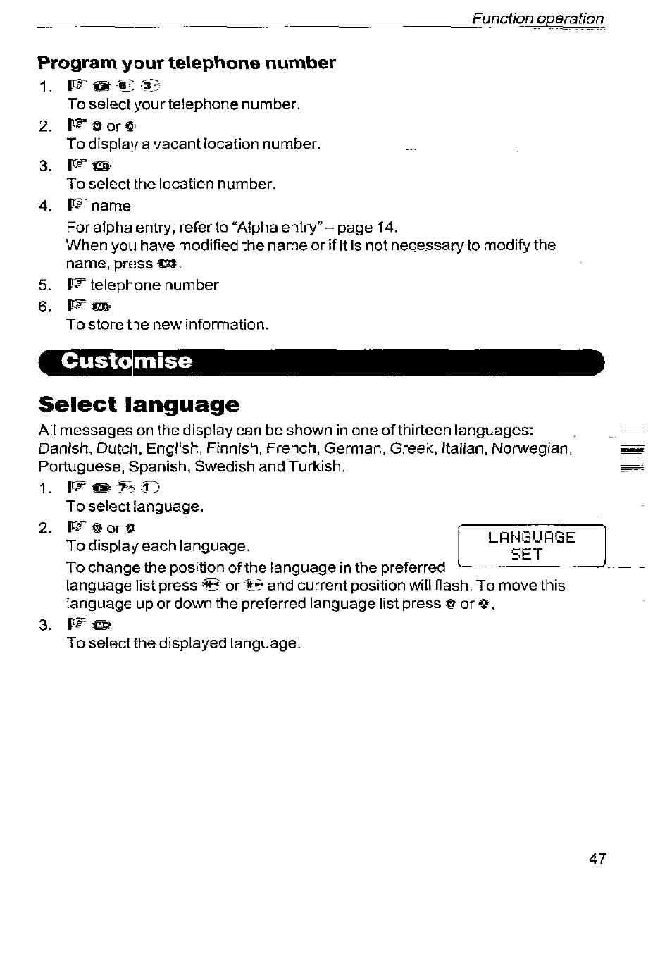 Program ydur telephone number, Mise, Select language | Mise select language | Panasonic G350 User Manual | Page 51 / 68