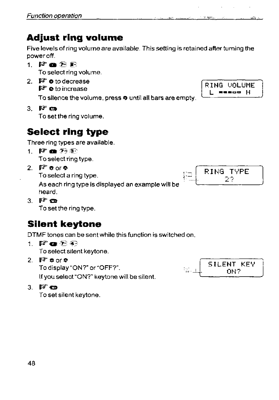 Adjust ring volume, Select ring type, Silent keytone | Nring~tvpi | Panasonic G350 User Manual | Page 52 / 68