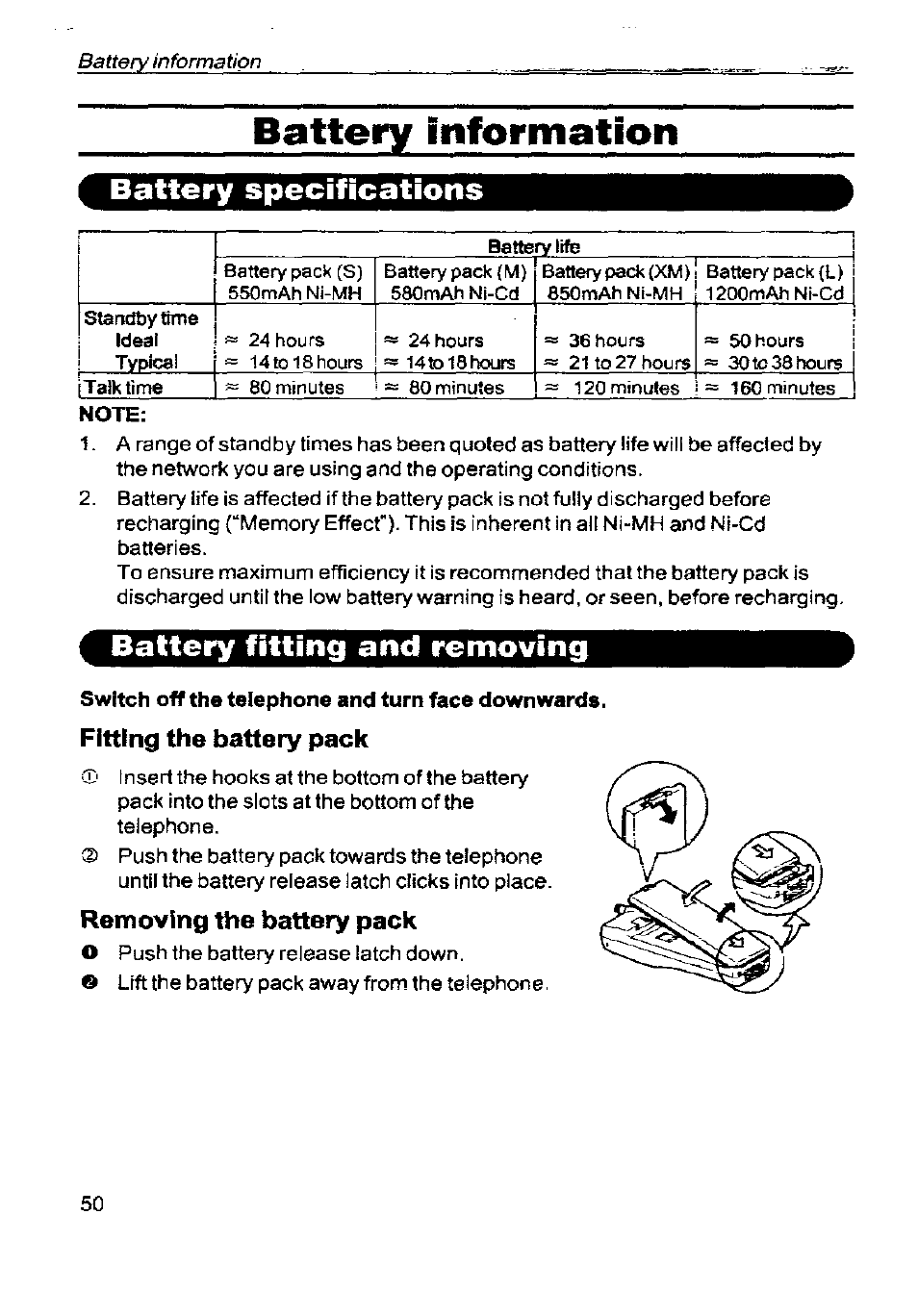 Battery mformation, Battery specifications, Battery fitting and removing | Fitting the battery pack, Removing the battery pack | Panasonic G350 User Manual | Page 54 / 68
