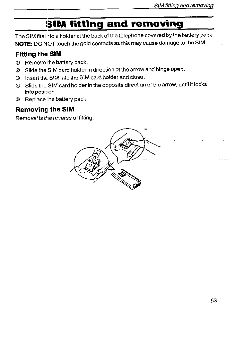 Sim fitting and removing, Fitting the sim, Removingi the sim | Panasonic G350 User Manual | Page 57 / 68
