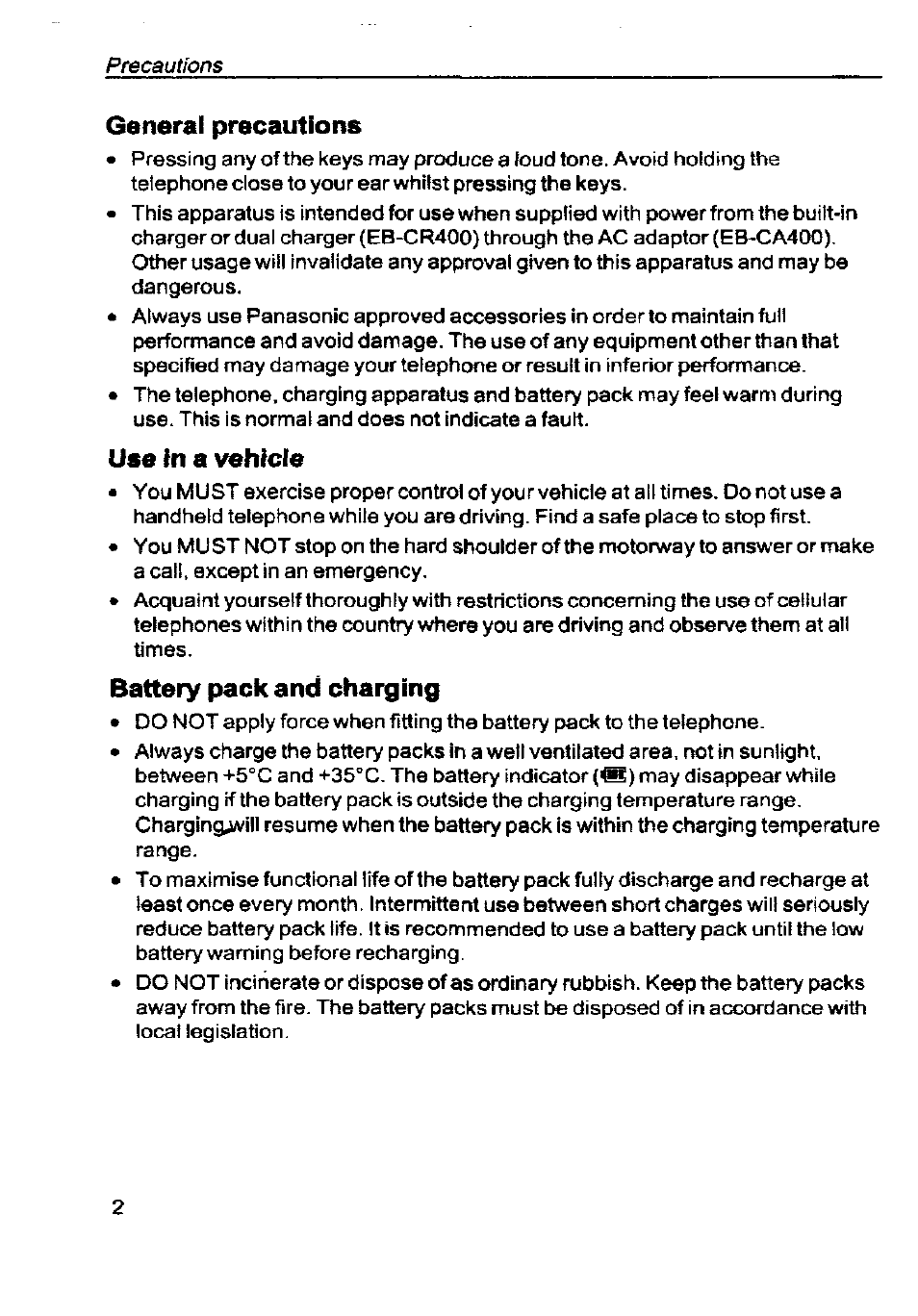 Generai precautions, Use in a vehicle, Battery pack and charging | Panasonic G350 User Manual | Page 6 / 68