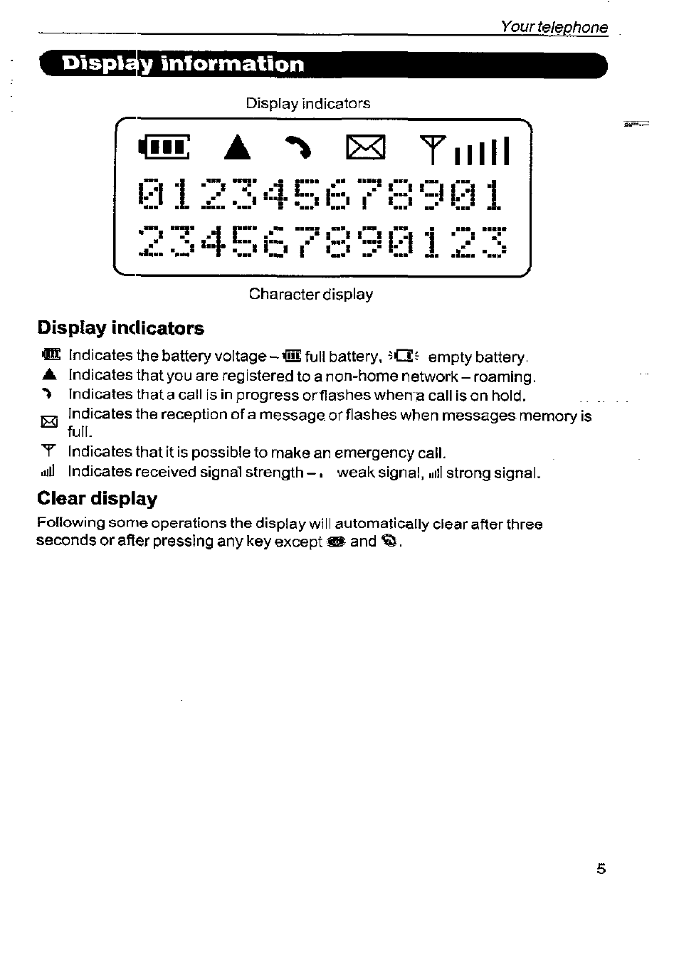 Y information, Display indicators, Clear display | Panasonic G350 User Manual | Page 9 / 68