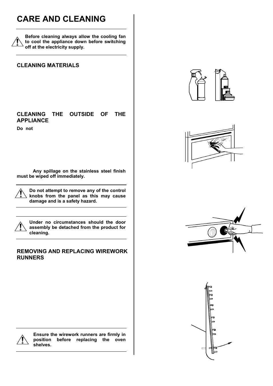 Care and cleaning, Cleaning materials, Cleaning the outside of the appliance | Removing and replacing wirework runners | Electrolux D8800-4 User Manual | Page 35 / 52
