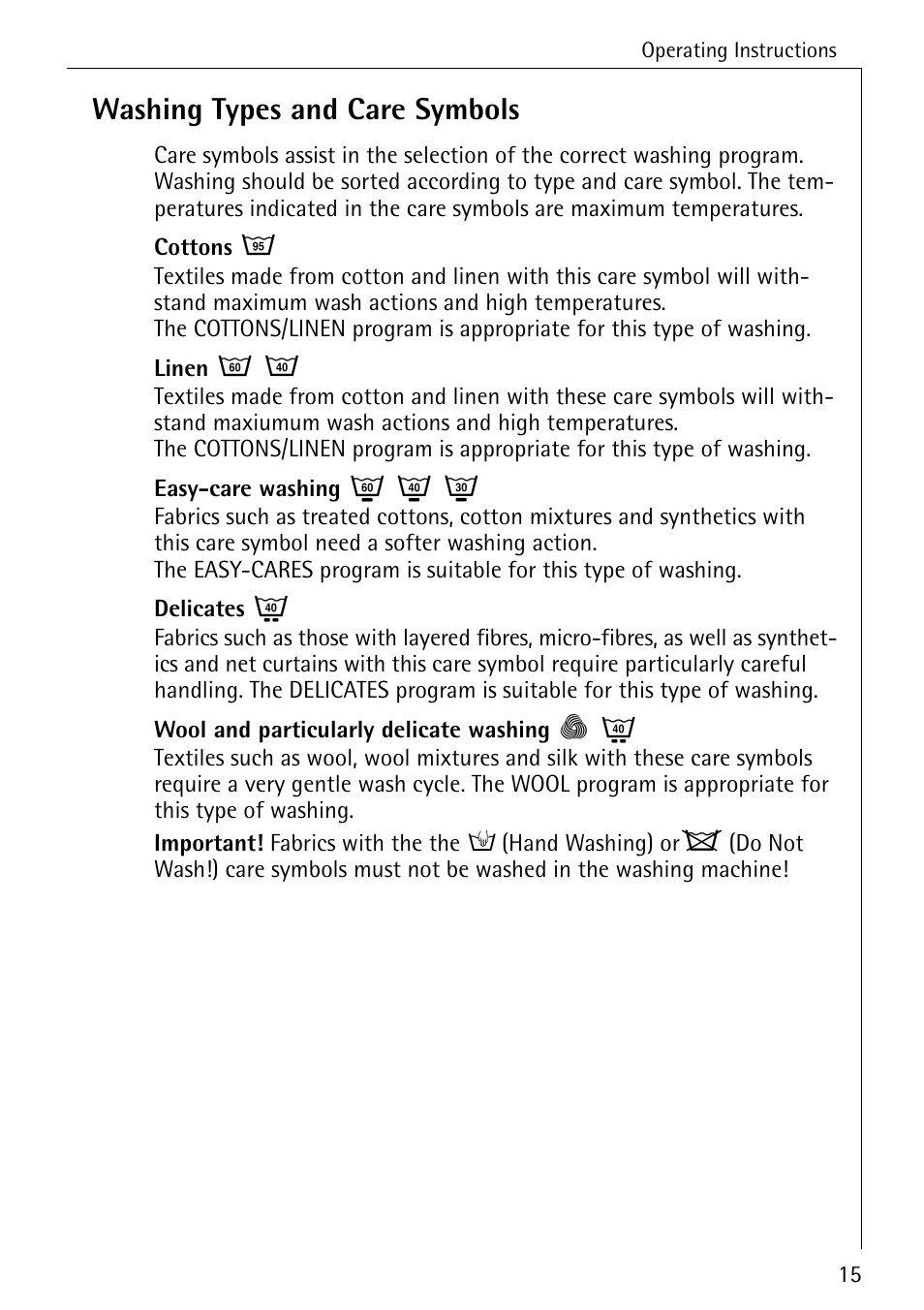 Washing types and care symbols | Electrolux 61300 User Manual | Page 15 / 48