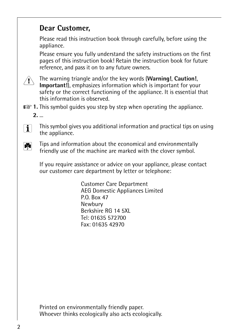 Dear customer | Electrolux 61300 User Manual | Page 2 / 48