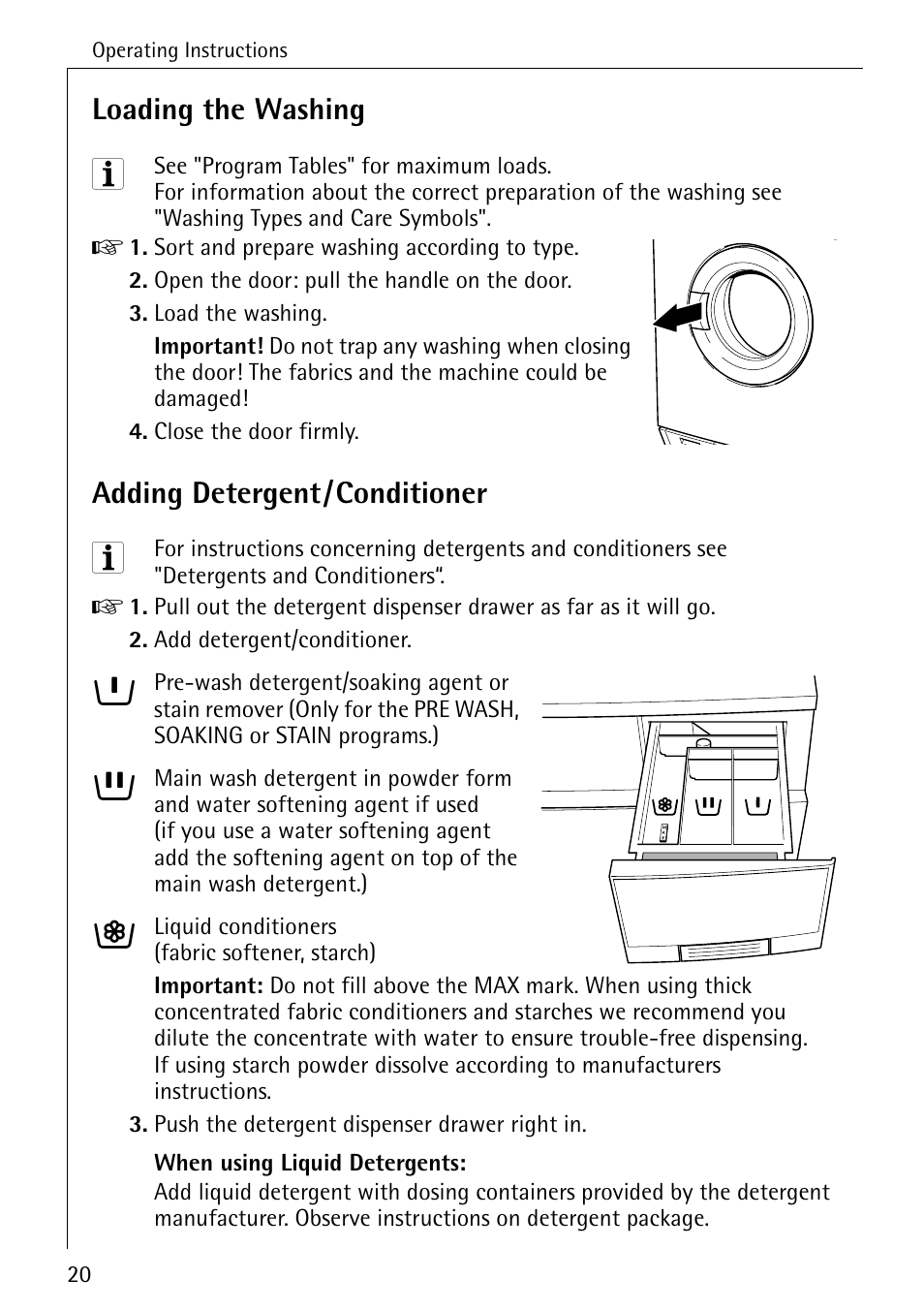 Loading the washing, Adding detergent/conditioner | Electrolux 61300 User Manual | Page 20 / 48