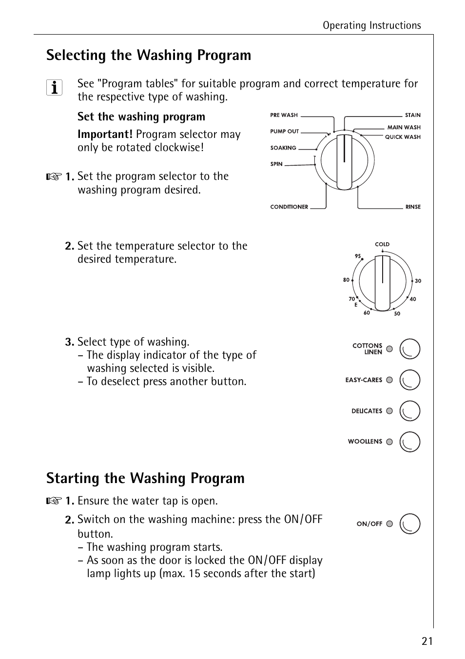 Selecting the washing program, Starting the washing program | Electrolux 61300 User Manual | Page 21 / 48