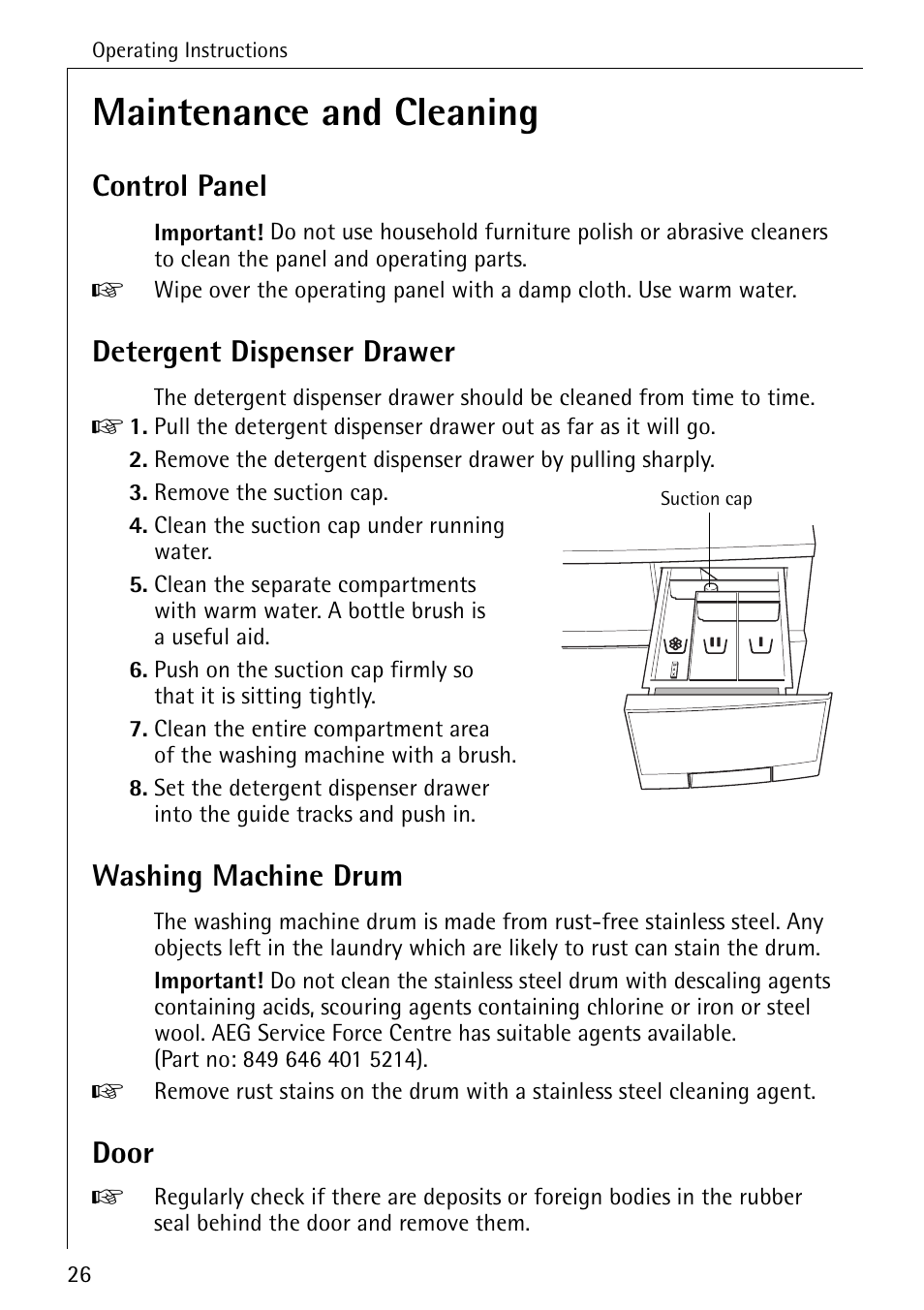 Maintenance and cleaning, Control panel, Detergent dispenser drawer | Washing machine drum, Door | Electrolux 61300 User Manual | Page 26 / 48