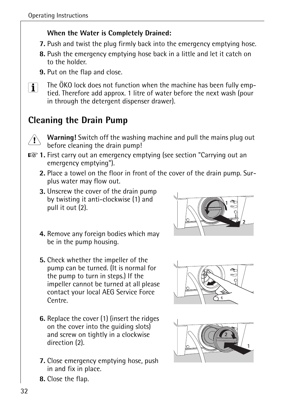 Cleaning the drain pump | Electrolux 61300 User Manual | Page 32 / 48