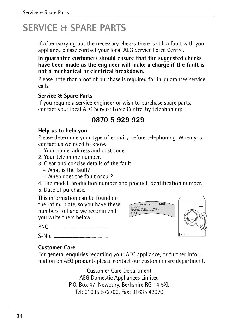 Service & spare parts | Electrolux 61300 User Manual | Page 34 / 48