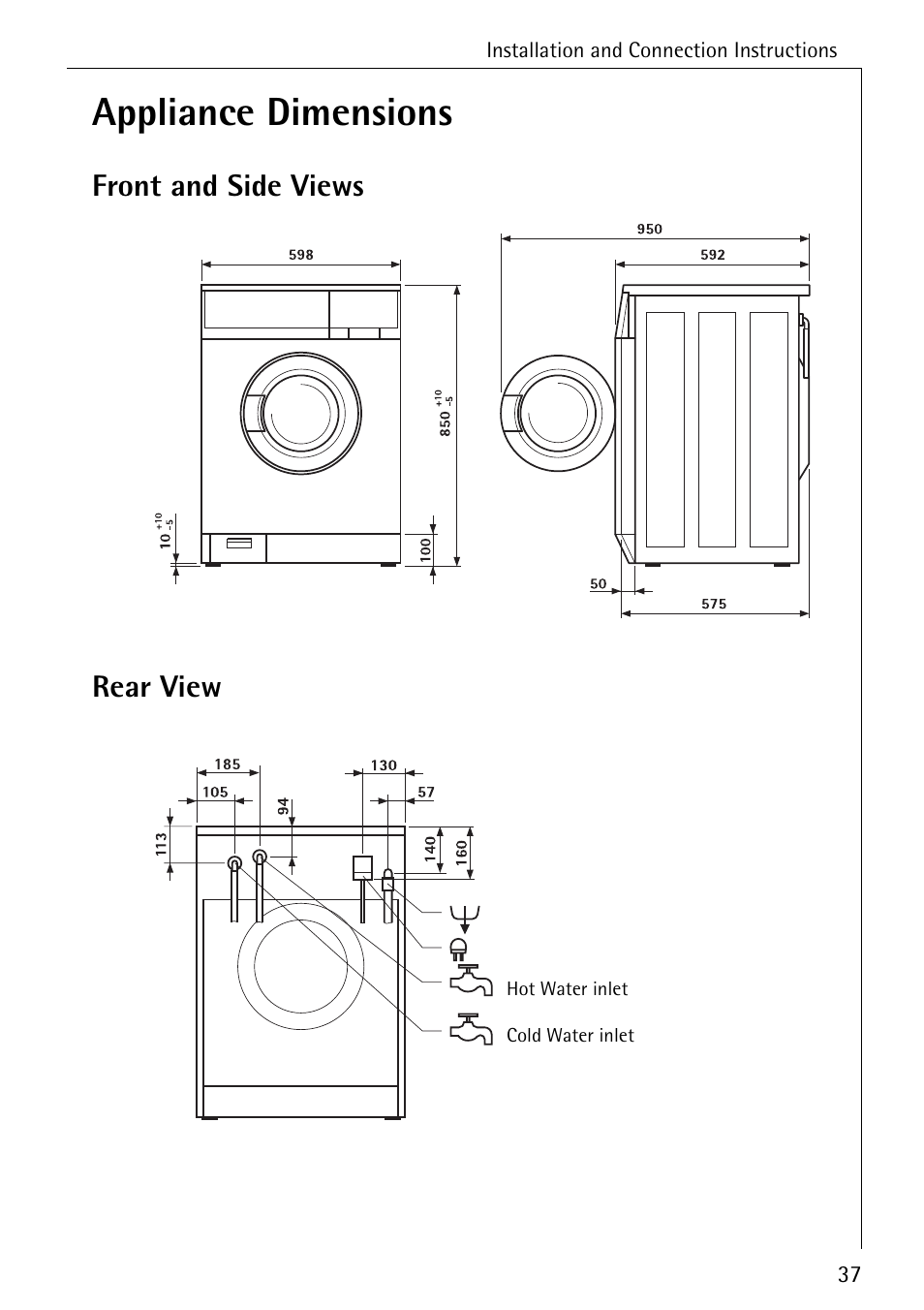 Appliance dimensions, Front and side views rear view | Electrolux 61300 User Manual | Page 37 / 48