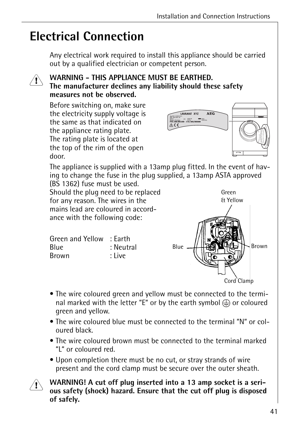 Electrical connection | Electrolux 61300 User Manual | Page 41 / 48