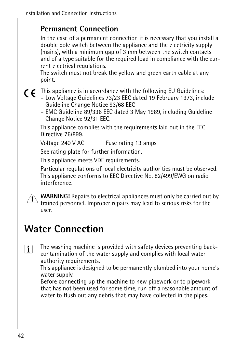 Water connection, Permanent connection | Electrolux 61300 User Manual | Page 42 / 48