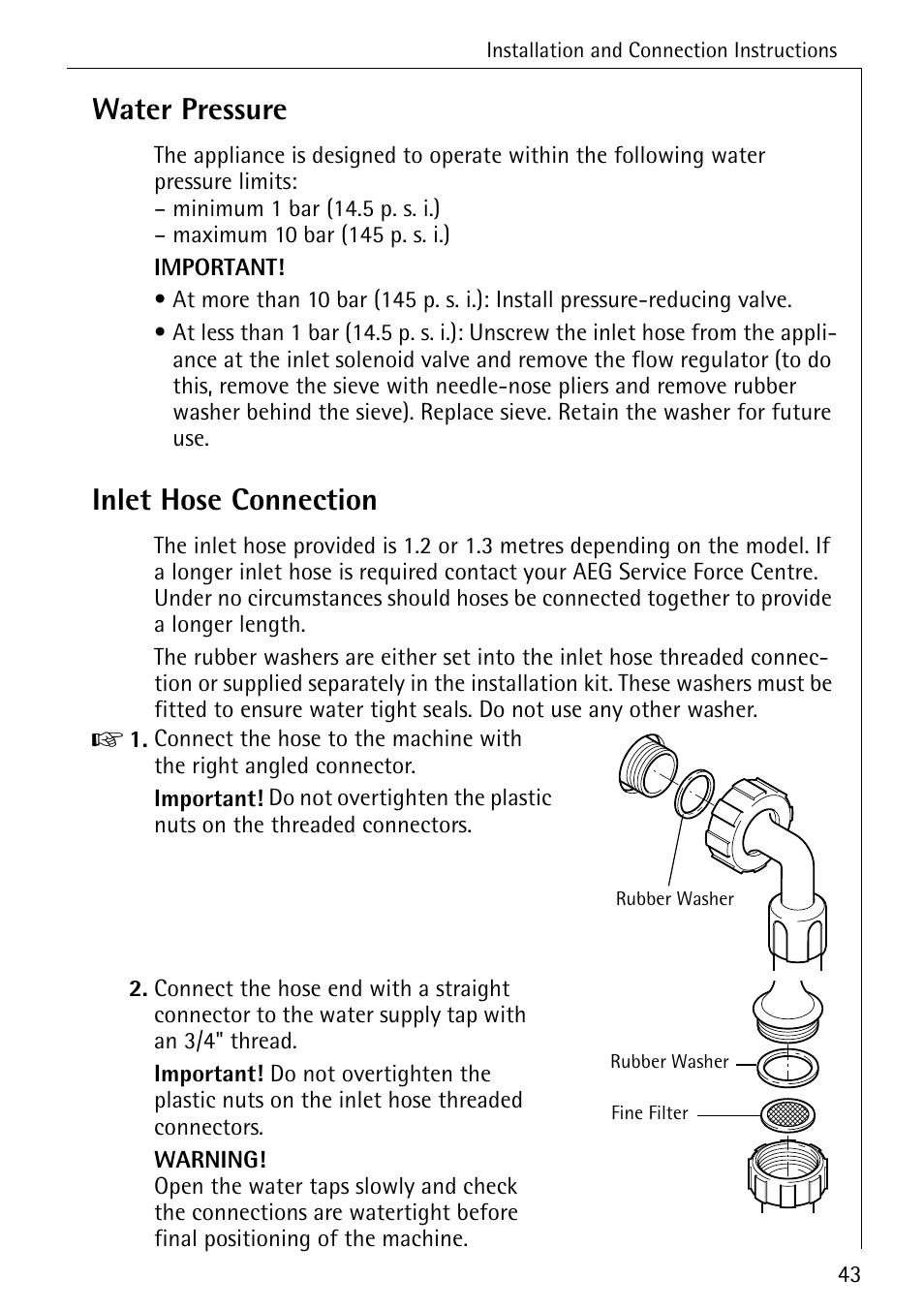 Water pressure, Inlet hose connection | Electrolux 61300 User Manual | Page 43 / 48