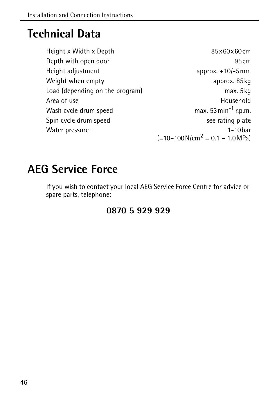 Technical data, Aeg service force | Electrolux 61300 User Manual | Page 46 / 48