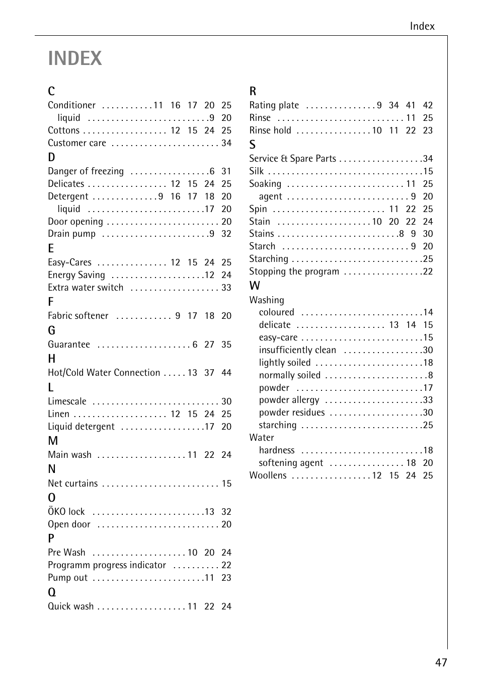 Index | Electrolux 61300 User Manual | Page 47 / 48