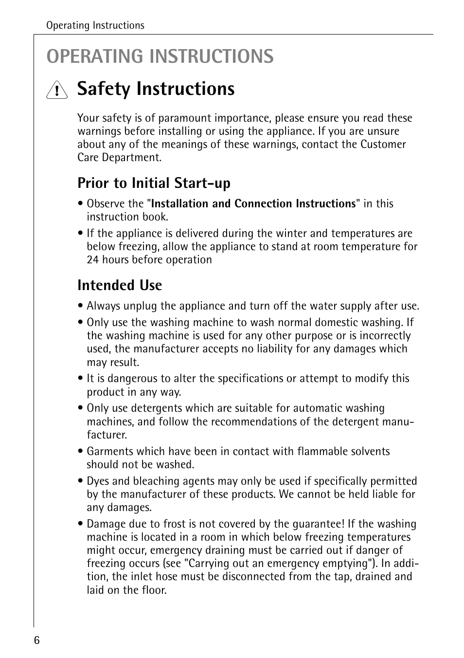 Operating instructions, Safety instructions, Prior to initial start-up | Intended use | Electrolux 61300 User Manual | Page 6 / 48