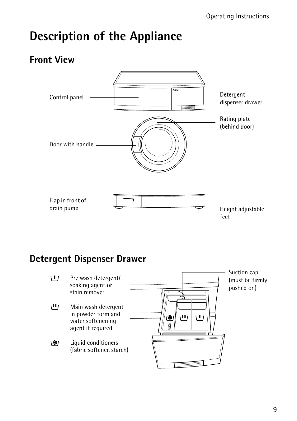 Description of the appliance, Front view detergent dispenser drawer | Electrolux 61300 User Manual | Page 9 / 48