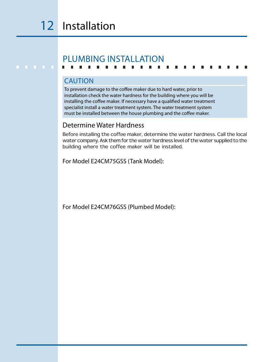 Installation, Plumbing installation | Electrolux E24CM76GSS User Manual | Page 12 / 20