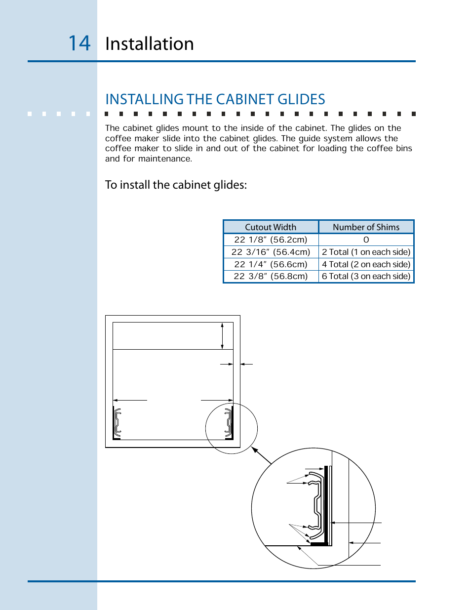 Installation, Installing the cabinet glides | Electrolux E24CM76GSS User Manual | Page 14 / 20