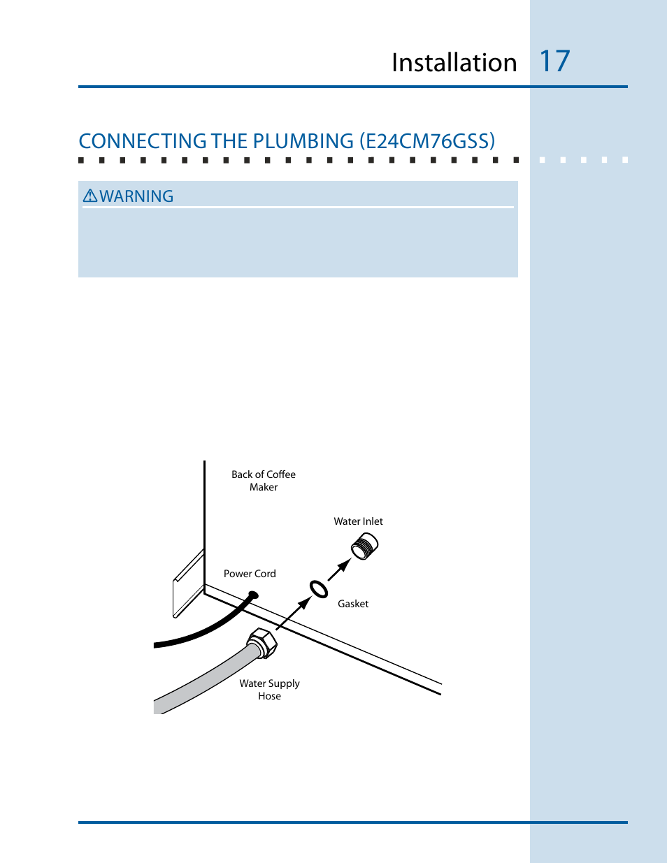 Installation, Connecting the plumbing (e24cm76gss), Warning | Electrolux E24CM76GSS User Manual | Page 17 / 20