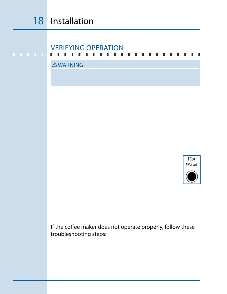 Installation, Verifying operation, Warning | Electrolux E24CM76GSS User Manual | Page 18 / 20