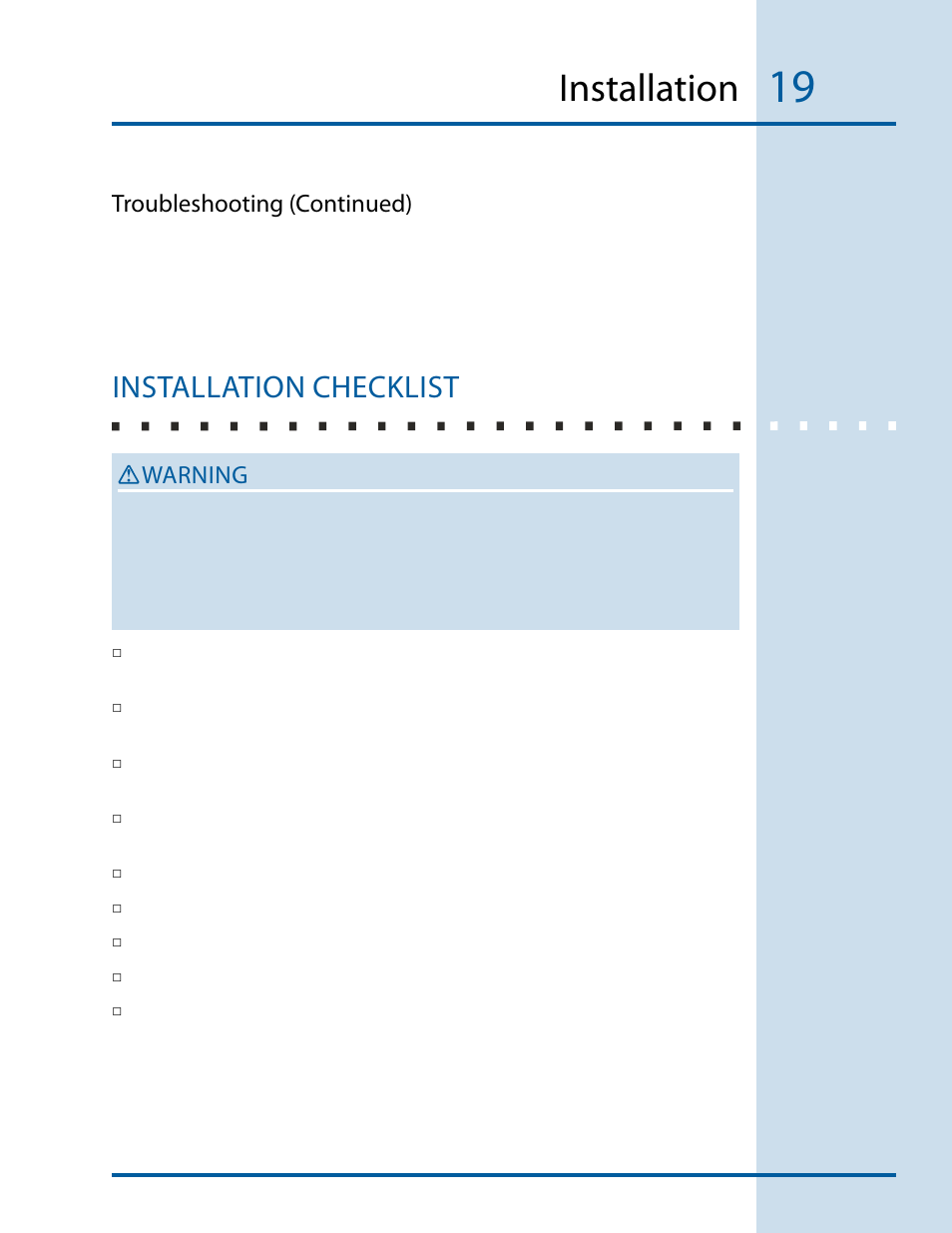 Installation, Installation checklist, Warning | Troubleshooting (continued) | Electrolux E24CM76GSS User Manual | Page 19 / 20