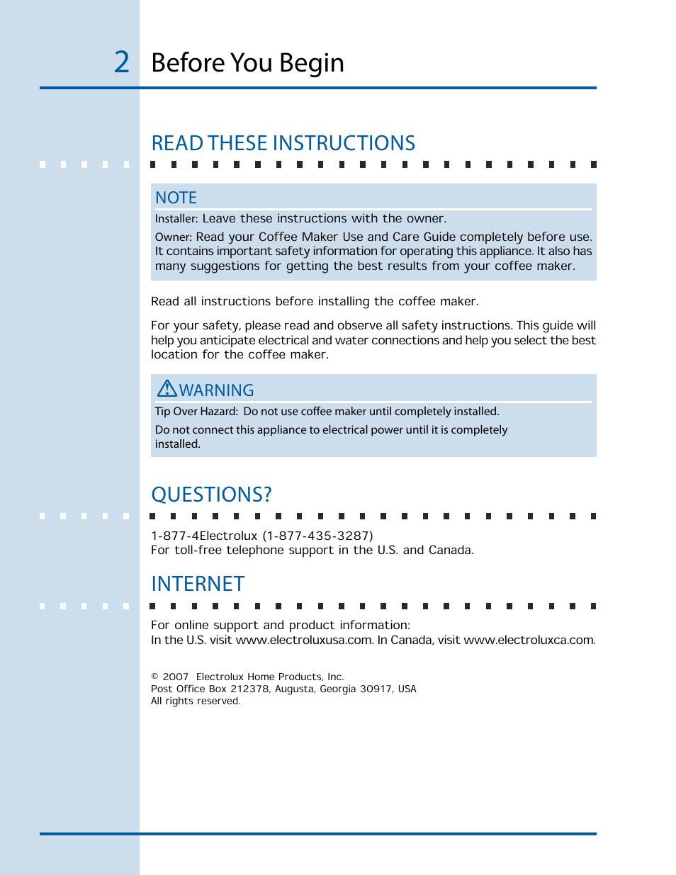 Before you begin, Read these instructions, Questions | Internet | Electrolux E24CM76GSS User Manual | Page 2 / 20