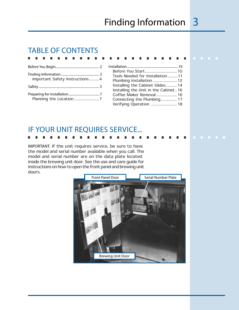 Finding information, Table of contents if your unit requires service | Electrolux E24CM76GSS User Manual | Page 3 / 20