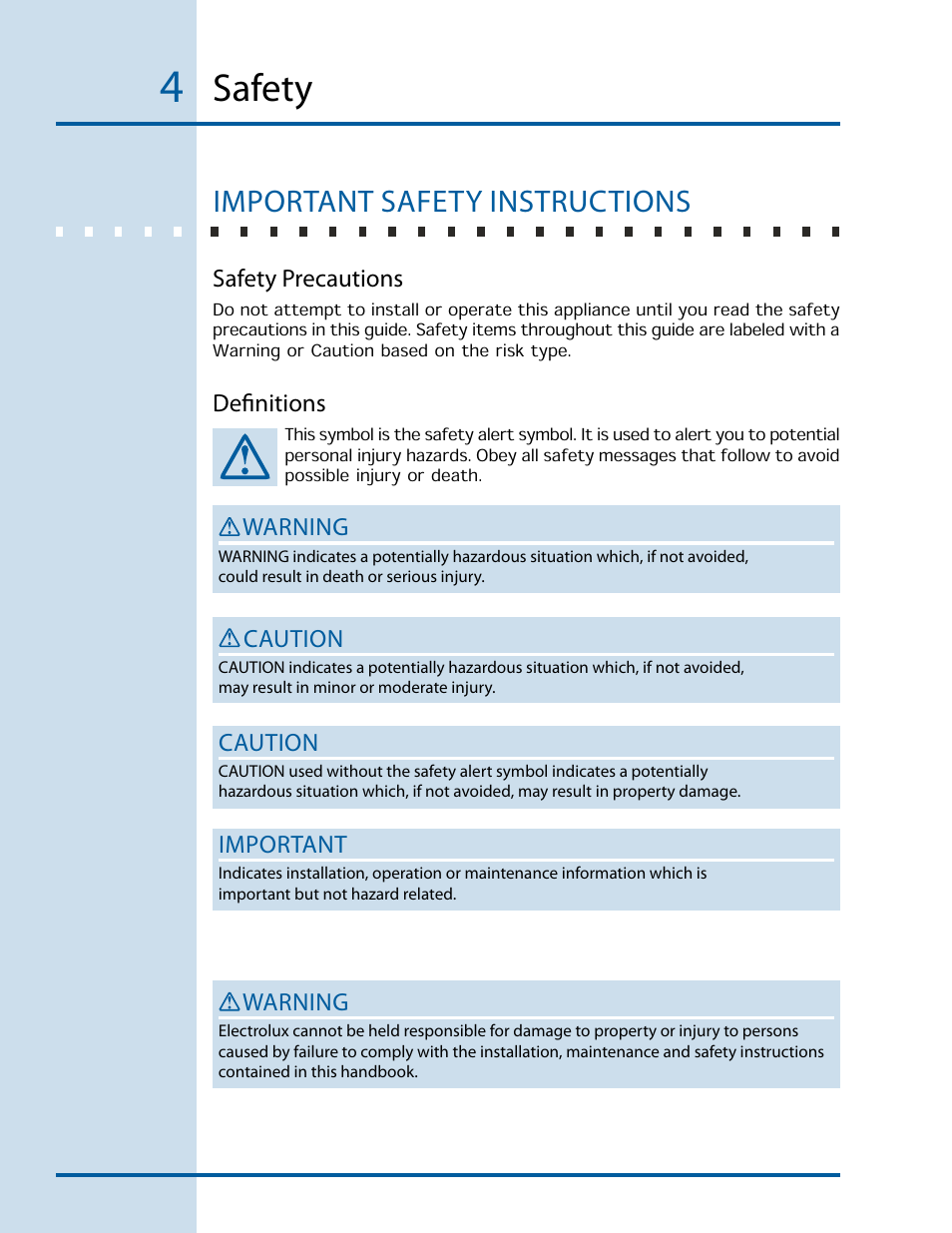 Safety, Important safety instructions | Electrolux E24CM76GSS User Manual | Page 4 / 20