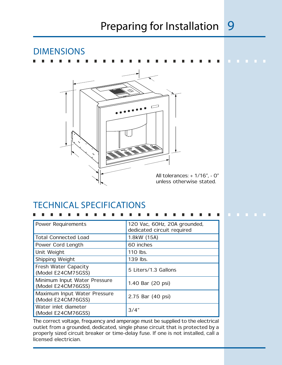 Preparing for installation, Dimensions technical specifications | Electrolux E24CM76GSS User Manual | Page 9 / 20