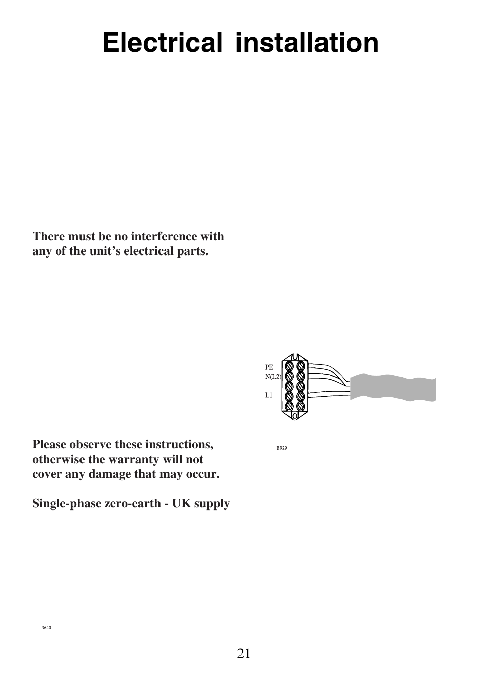 Electrical installation | Electrolux 130 FG-m User Manual | Page 21 / 28