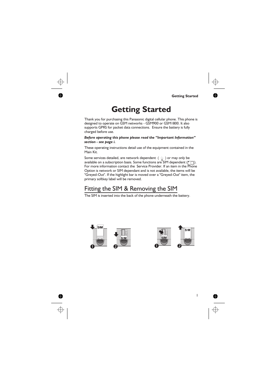 Getting started, Fitting the sim & removing the sim | Panasonic EB-GD67 User Manual | Page 15 / 100