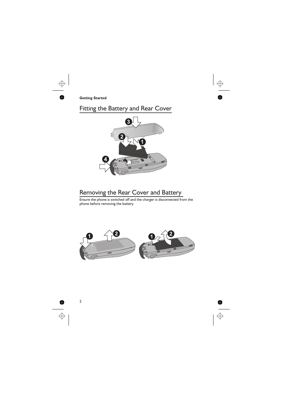 Fitting the battery and rear cover, Removing the rear cover and battery | Panasonic EB-GD67 User Manual | Page 16 / 100