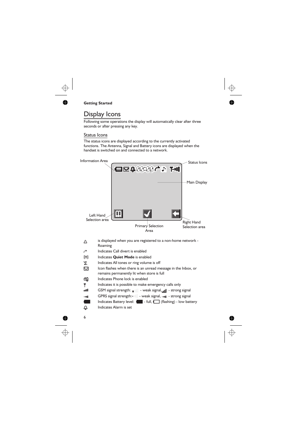 Display icons, Status icons | Panasonic EB-GD67 User Manual | Page 20 / 100