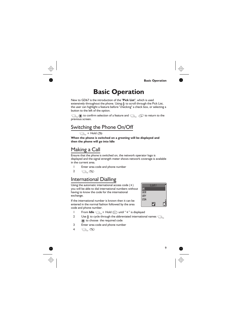 Basic operation, Switching the phone on/off, Making a call | International dialling | Panasonic EB-GD67 User Manual | Page 23 / 100