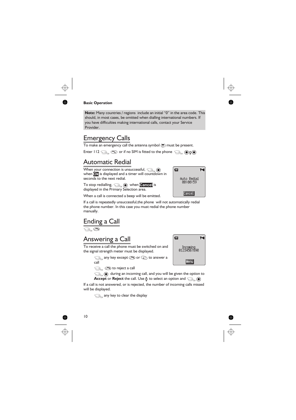 Emergency calls, Automatic redial, Ending a call | Answering a call | Panasonic EB-GD67 User Manual | Page 24 / 100