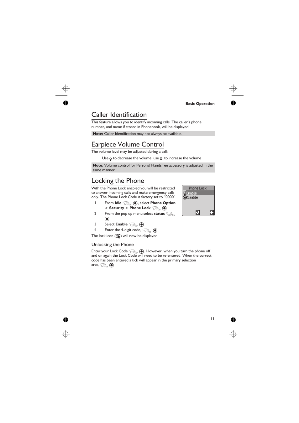 Caller identification, Earpiece volume control, Locking the phone | Panasonic EB-GD67 User Manual | Page 25 / 100