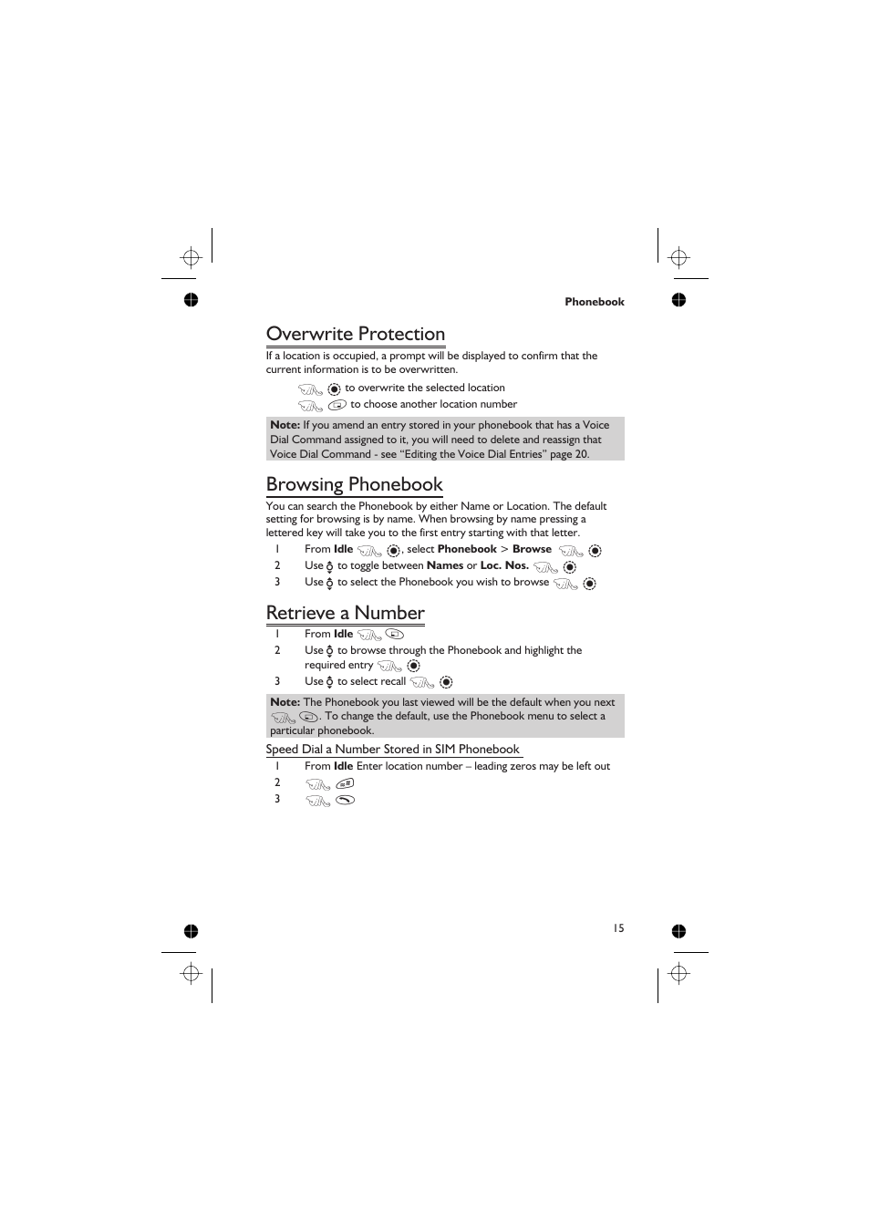 Overwrite protection, Browsing phonebook, Retrieve a number | Panasonic EB-GD67 User Manual | Page 29 / 100