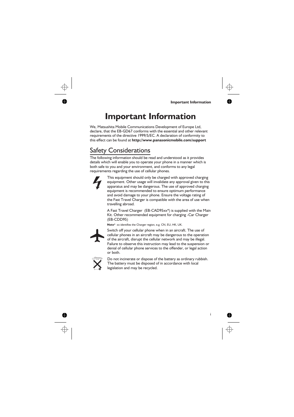 Important information, Safety considerations | Panasonic EB-GD67 User Manual | Page 3 / 100