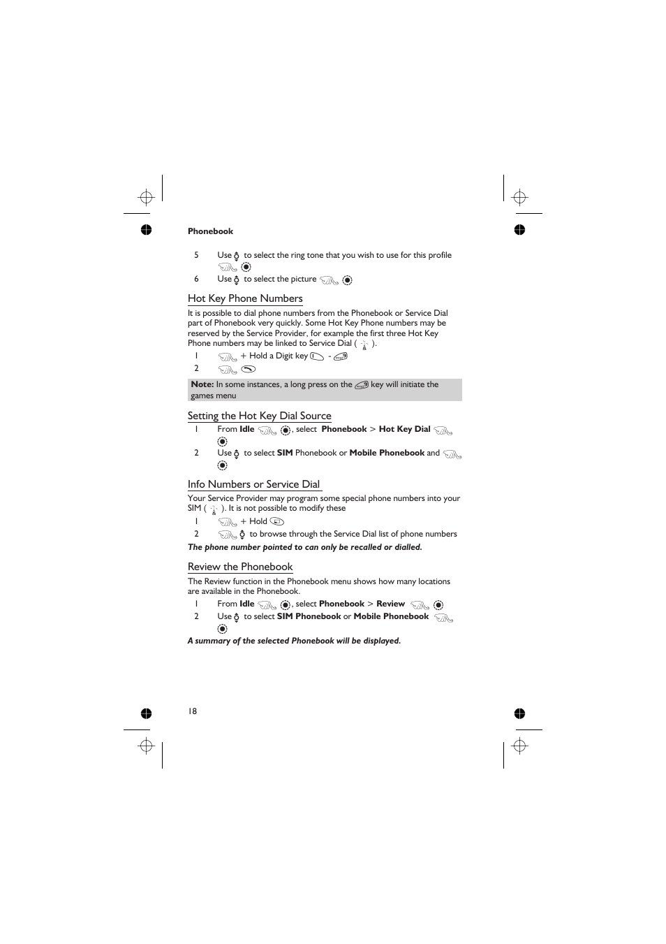 Hot key phone numbers, Setting the hot key dial source, Info numbers or service dial | Review the phonebook | Panasonic EB-GD67 User Manual | Page 32 / 100