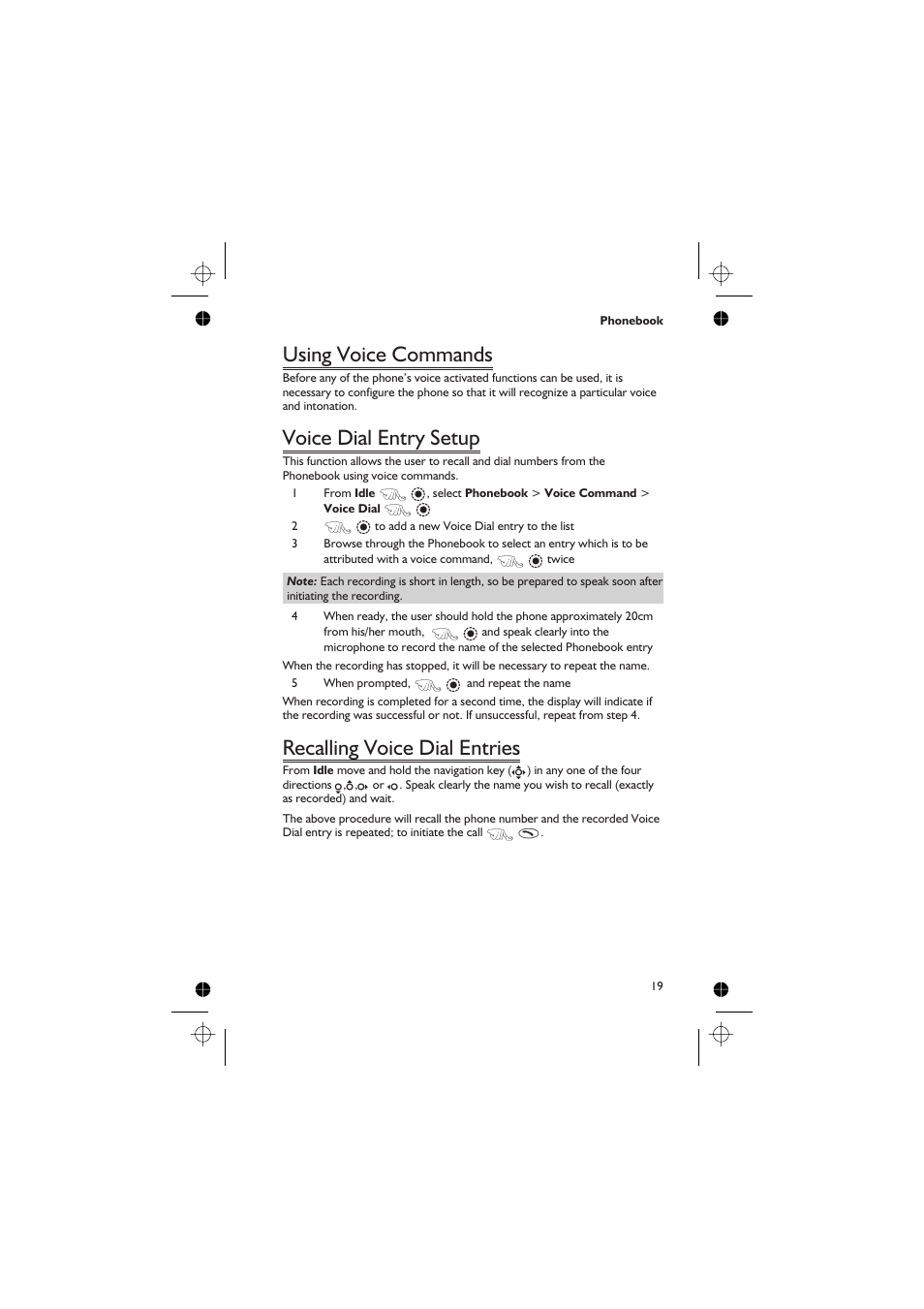 Using voice commands, Voice dial entry setup, Recalling voice dial entries | Panasonic EB-GD67 User Manual | Page 33 / 100