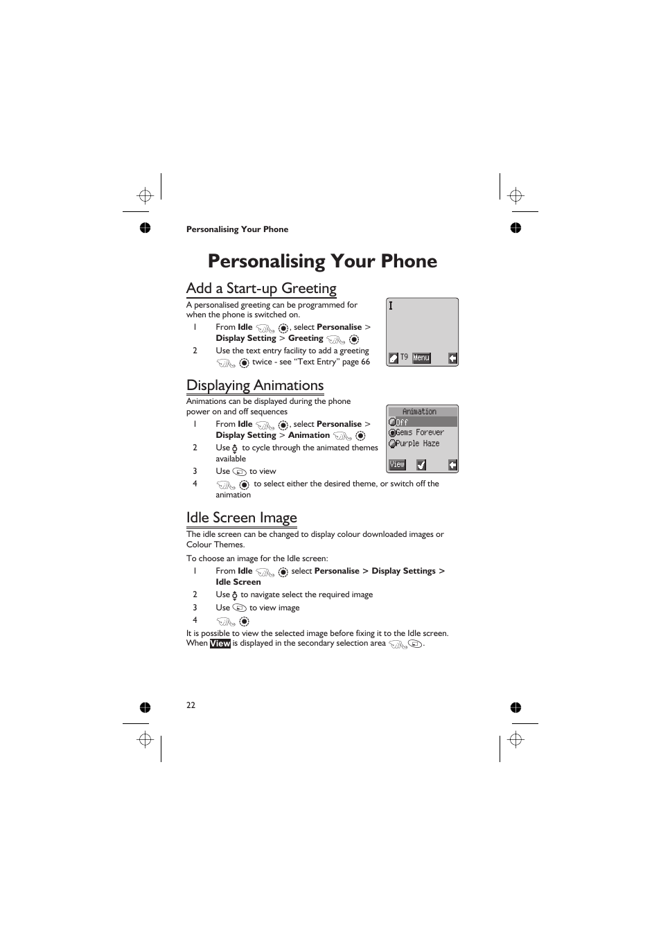 Personalising your phone, Add a start-up greeting, Displaying animations | Idle screen image | Panasonic EB-GD67 User Manual | Page 36 / 100