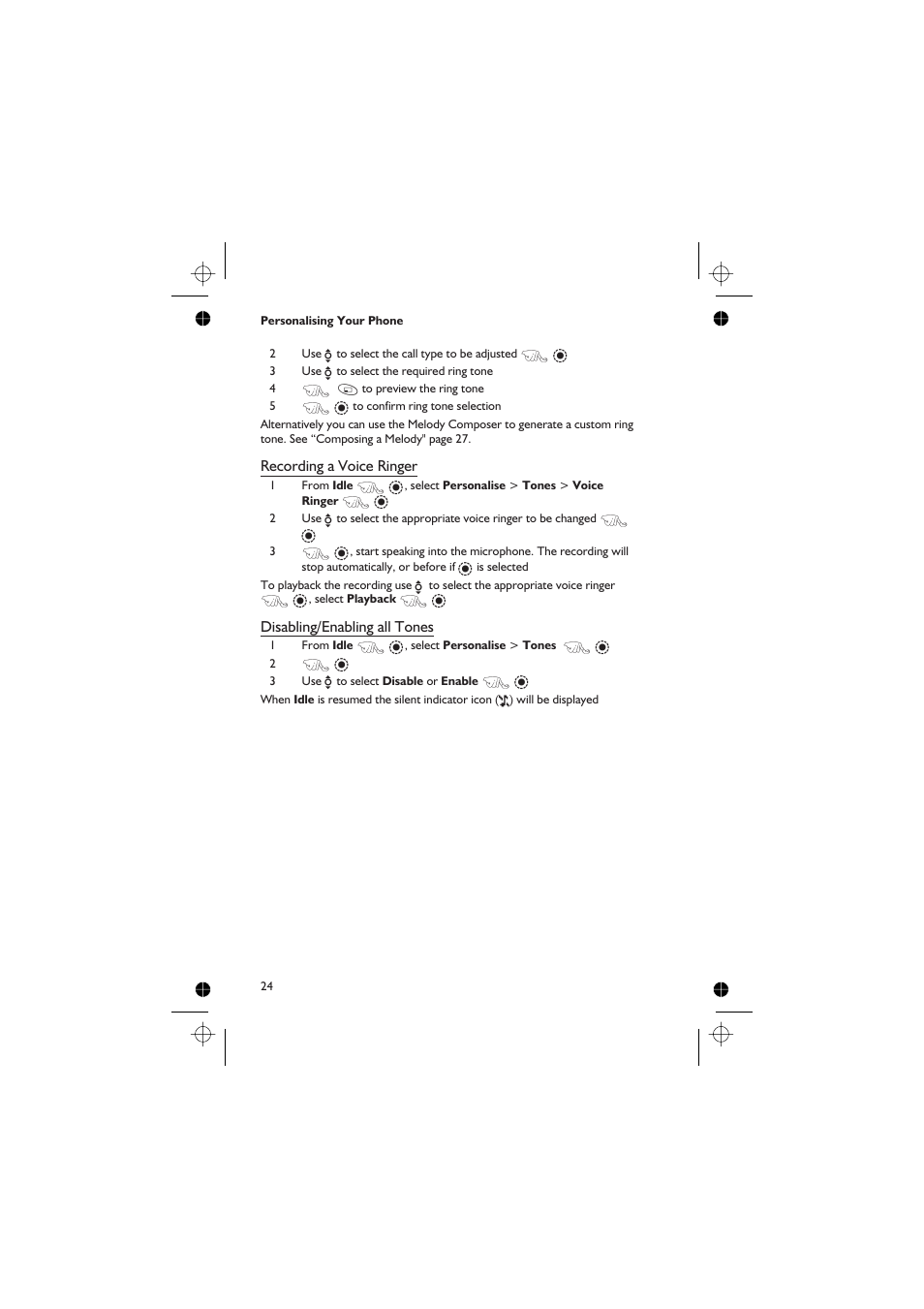 Recording a voice ringer, Disabling/enabling all tones | Panasonic EB-GD67 User Manual | Page 38 / 100