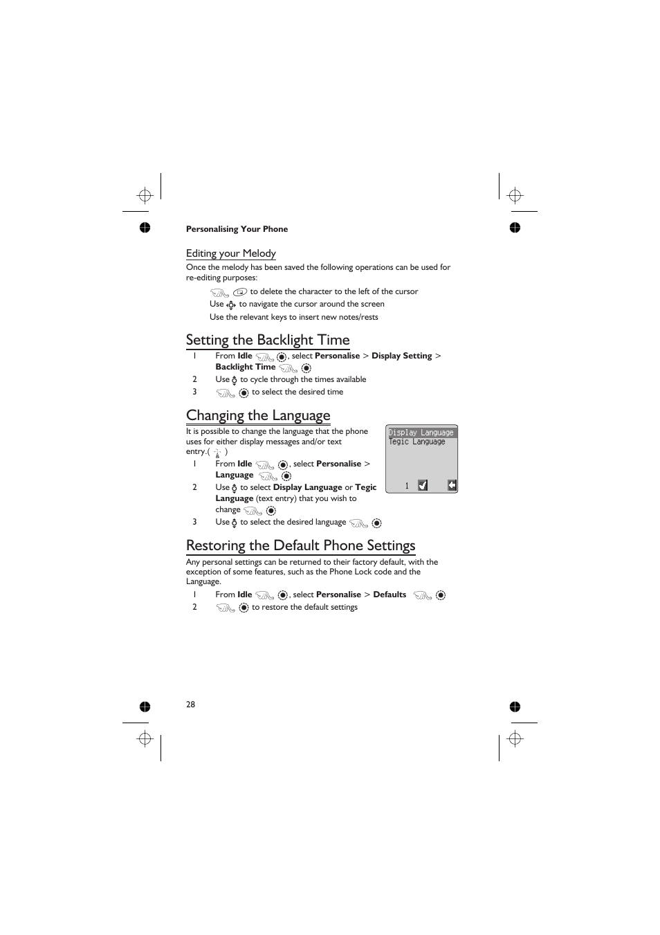 Setting the backlight time, Changing the language, Restoring the default phone settings | Panasonic EB-GD67 User Manual | Page 42 / 100